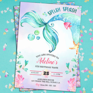Mermaid Watercolor Splish Splash Cute Birthday Invitation