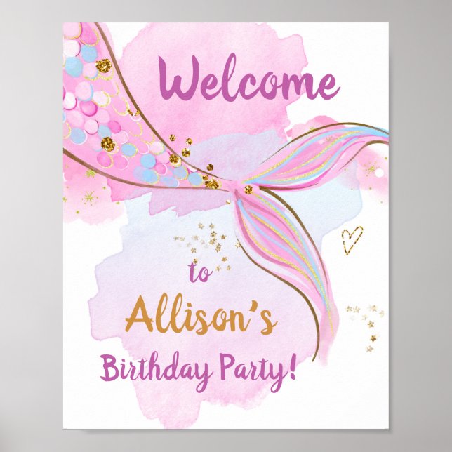 Mermaid Watercolor Tail Pink Girl Birthday Welcome Poster (Front)