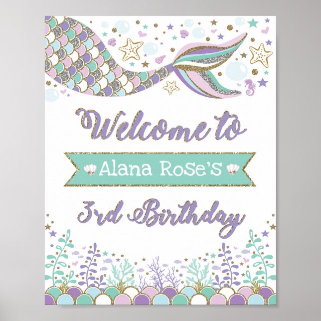 Mermaid Welcome Poster 3rd Birthday Pool Party (Front)