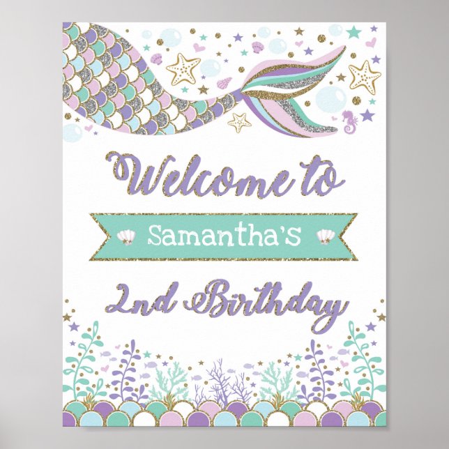 Mermaid Welcome Sign 2nd Birthday Sea Pool Party (Front)