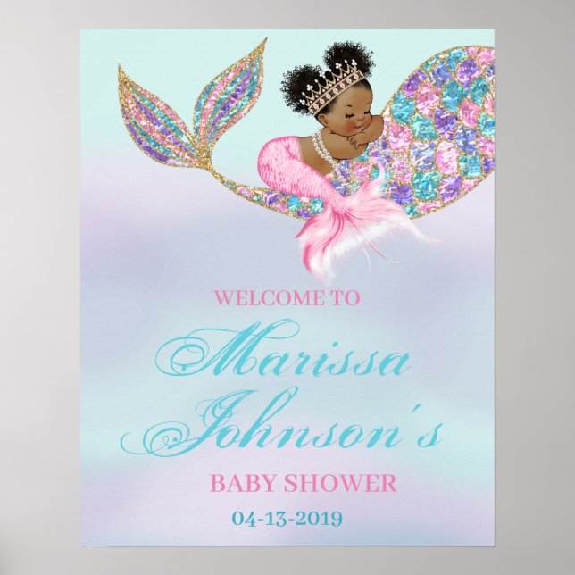 Mermaid Welcome Sign Baby Shower African American (Front)