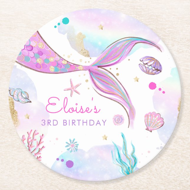 Mermaid Whimsical Under The Sea Birthday Party Round Paper Coaster (Front)