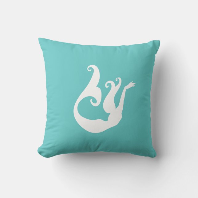 mermaid White on teal blue pillow (Front)