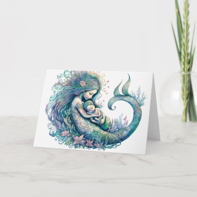 Mermaid with Baby Watercolor New infant Shower  Card (Front)