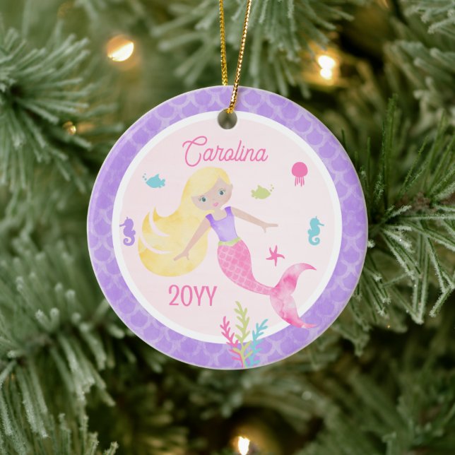 Mermaid with Blonde Hair Pink & Purple Keepsake Ceramic Ornament (Tree)