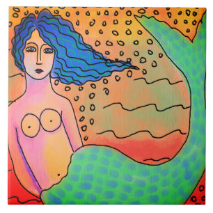 Mermaid with Blue Hair Abstract Painting Ceramic Tile