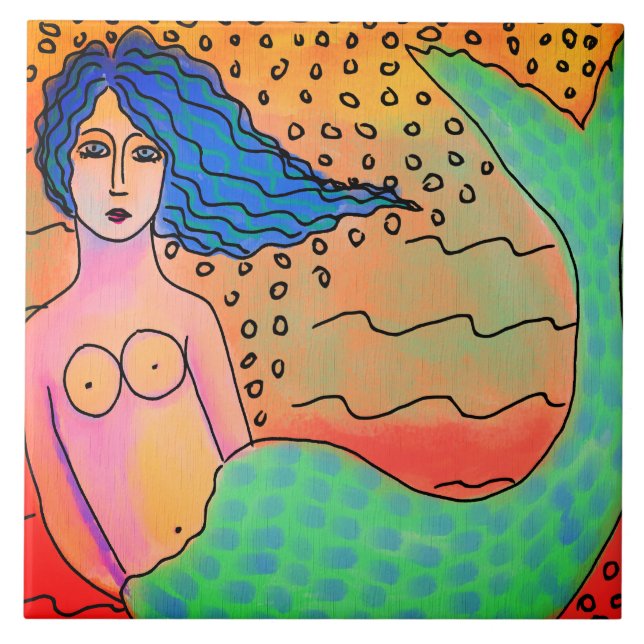 Mermaid with Blue Hair Abstract Painting Ceramic Tile (Front)