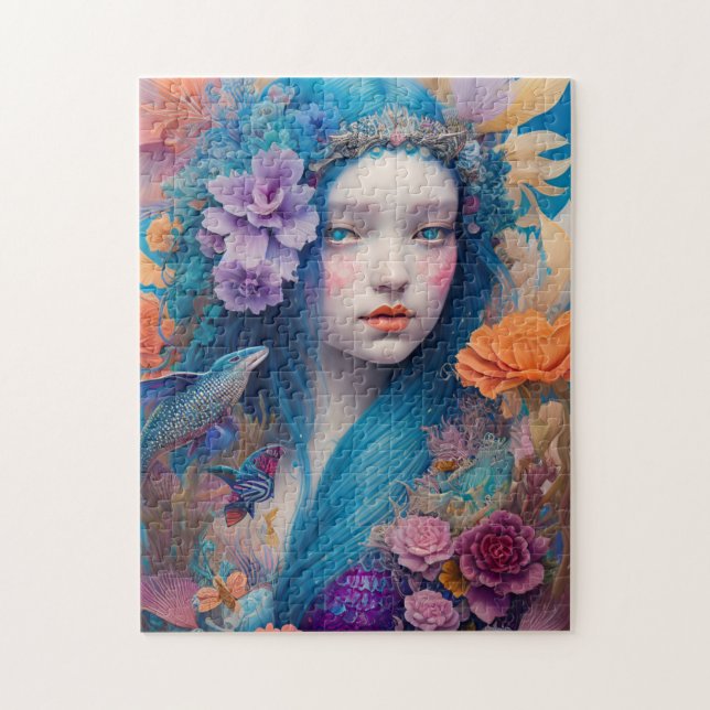 Mermaid with Blue Hair Flowers and Flying Fish Jigsaw Puzzle (Vertical)