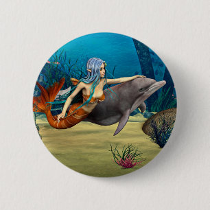 Mermaid with Dolphin 6 Cm Round Badge