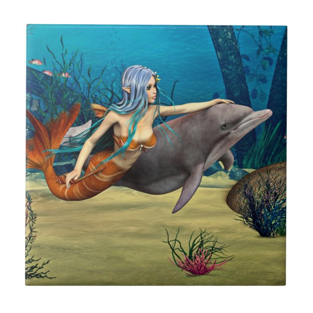 Mermaid with Dolphin Ceramic Tile (Front)