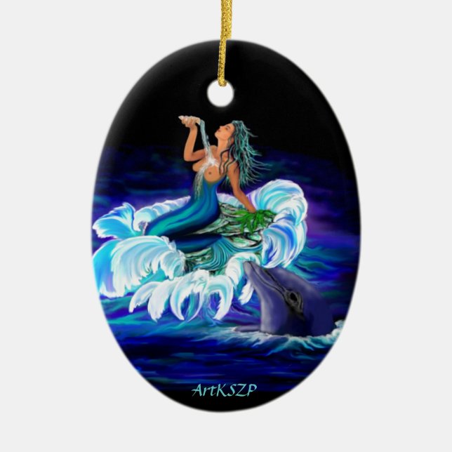 Mermaid with Dolphin Ceramic Tree Decoration (Front)