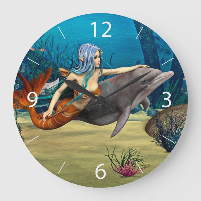 Mermaid with Dolphin Large Clock (Front)