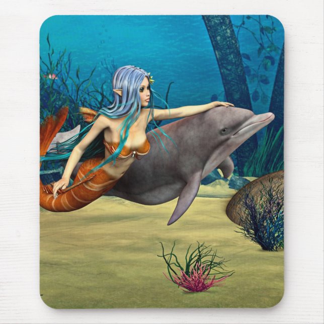 Mermaid with Dolphin Mouse Pad (Front)