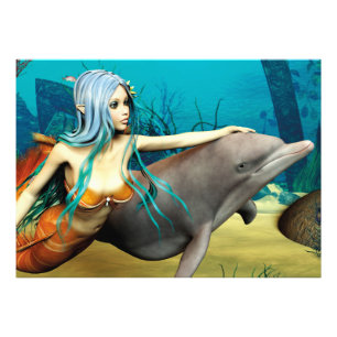 Mermaid with Dolphin Photo Print
