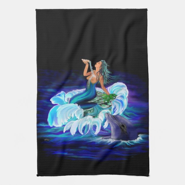Mermaid with Dolphin Tea Towel (Vertical)