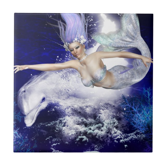 Mermaid with Dolphin Tile or Trivet (Front)