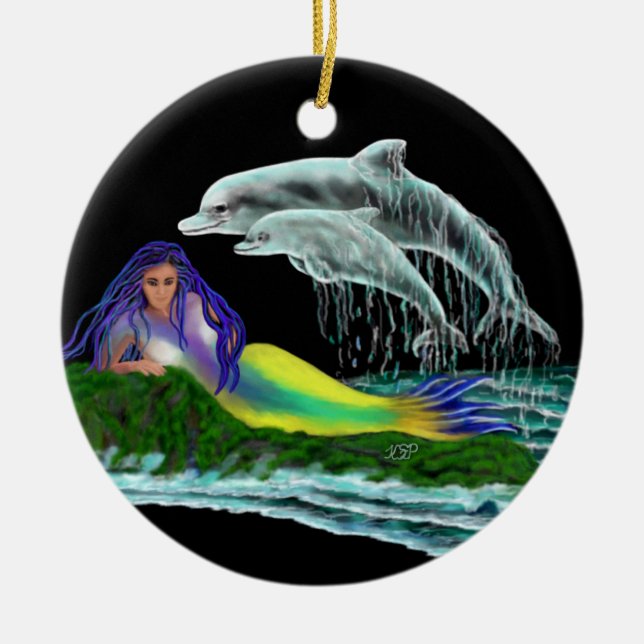Mermaid with Dolphins Ceramic Ornament (Front)
