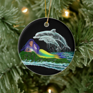 Mermaid with Dolphins Ceramic Ornament