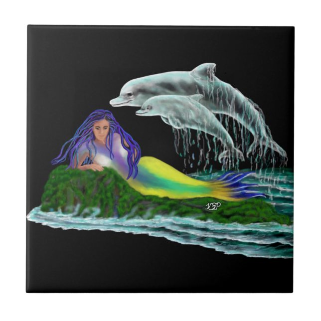 Mermaid with Dolphins Ceramic Tile (Front)