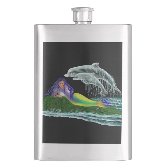 Mermaid with Dolphins Hip Flask (Front)