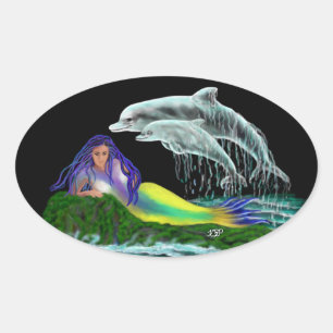 Mermaid with Dolphins Oval Sticker