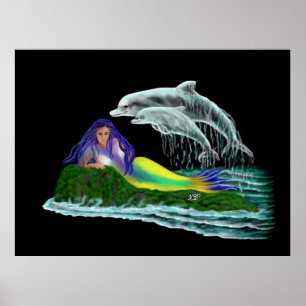 Mermaid with Dolphins Poster