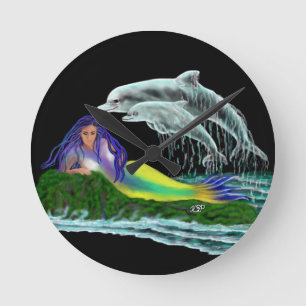 Mermaid with Dolphins Round Clock