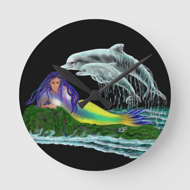 Mermaid with Dolphins Round Clock (Front)