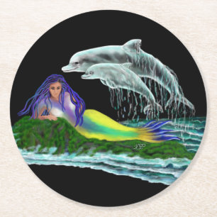 Mermaid with Dolphins Round Paper Coaster