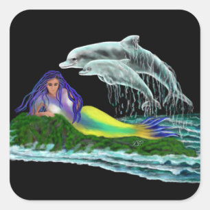 Mermaid with Dolphins Square Sticker