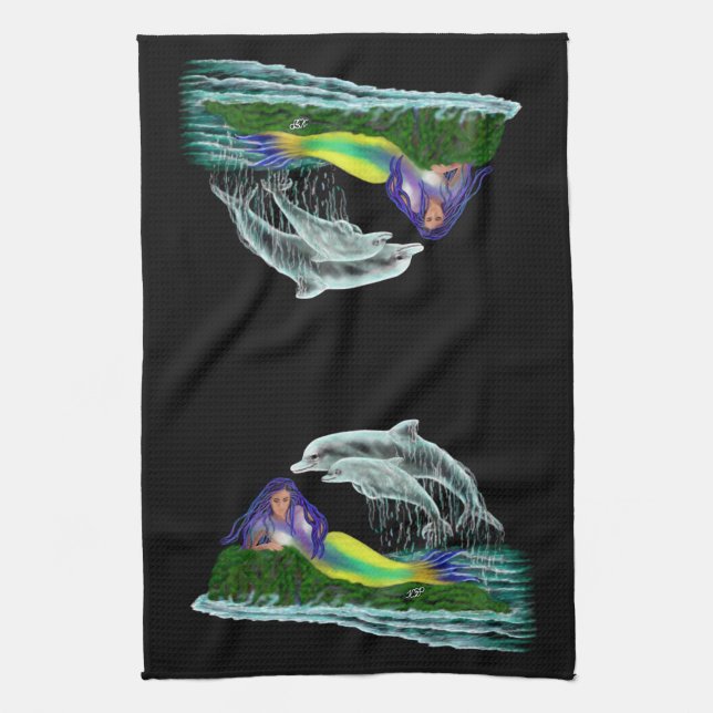 Mermaid with Dolphins Tea Towel (Vertical)
