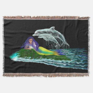 Mermaid with Dolphins Throw Blanket