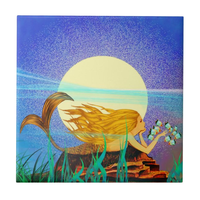 Mermaid with Fish and Moon Ceramic Tile (Front)