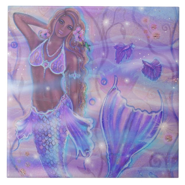 Mermaid with fish art by Renee Lavoie  Ceramic Til Ceramic Tile (Front)