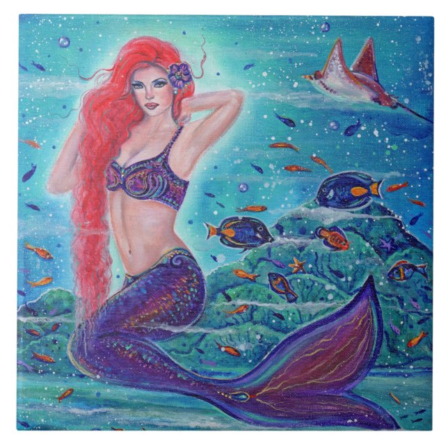 Mermaid with fish art by Renee Lavoie  Ceramic Tile (Front)