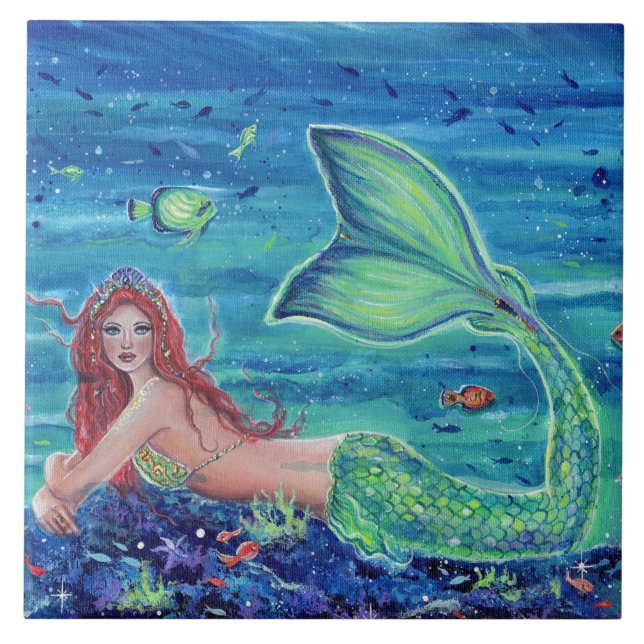 Mermaid with fish art by Renee Lavoie  Ceramic Tile (Front)