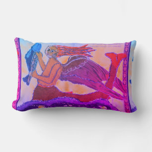 Mermaid with fish in pink and green lumbar cushion