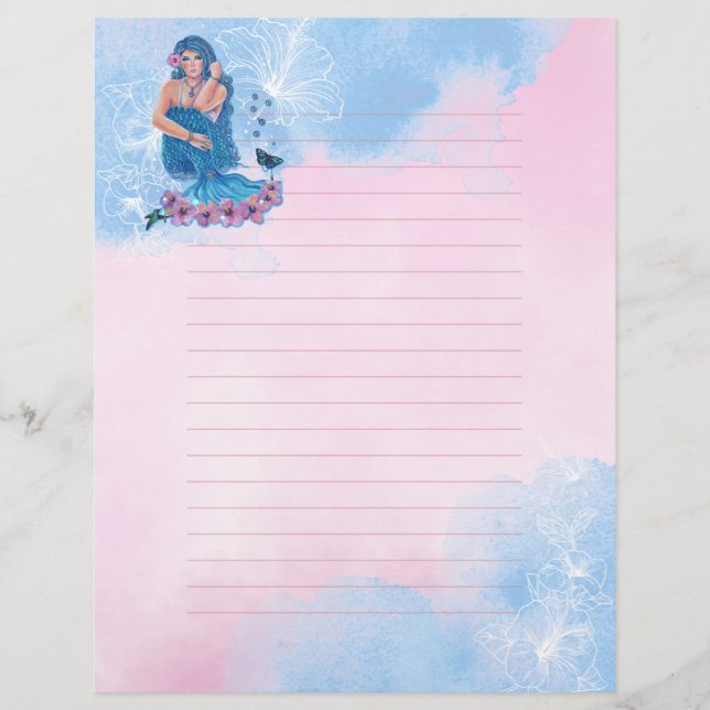 Mermaid with flowers art by Renee Lavoie Custom Letterhead (Front)