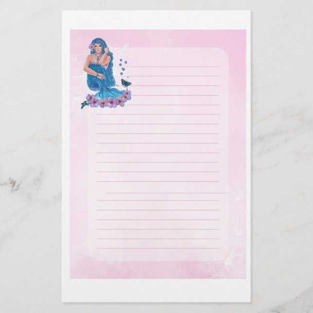 Mermaid with flowers art by Renee Lavoie Stationery (Front)