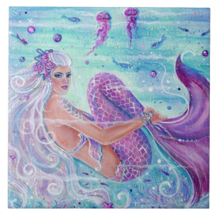 Mermaid with jellyfish art by Renee Lavoie Ceramic Tile