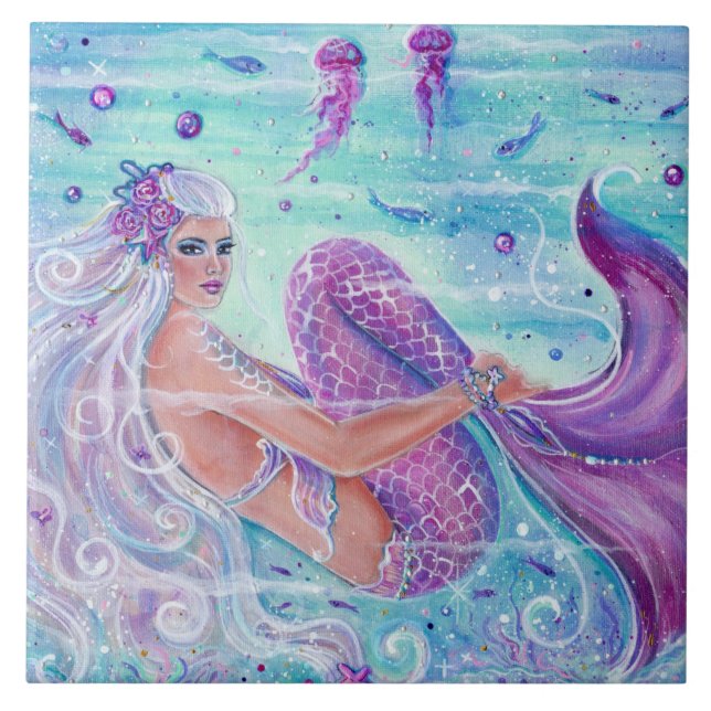 Mermaid with jellyfish art by Renee Lavoie Ceramic Tile (Front)