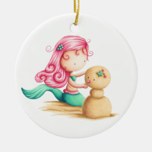 Mermaid with pink hair Christmas ornament. Ceramic Ornament