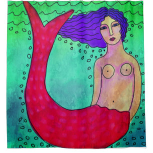 Mermaid with Purple Hair Abstract Art Shower Curtain
