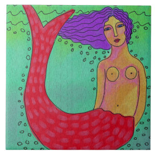 Mermaid with Purple Hair Abstract Digital Painting Ceramic Tile