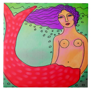 Mermaid with Purple Hair Abstract Painting Ceramic Tile