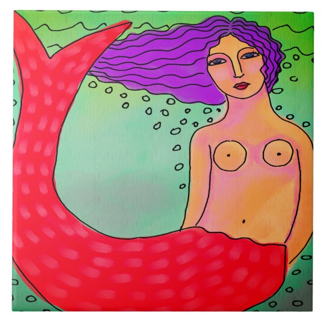 Mermaid with Purple Hair Abstract Painting Ceramic Tile (Front)