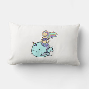 Mermaid with Rainbow Hair Riding Pet Narwal Lumbar Cushion