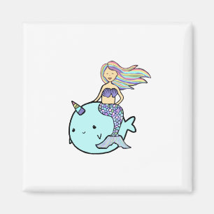 Mermaid with Rainbow Hair Riding Pet Narwal Magnet
