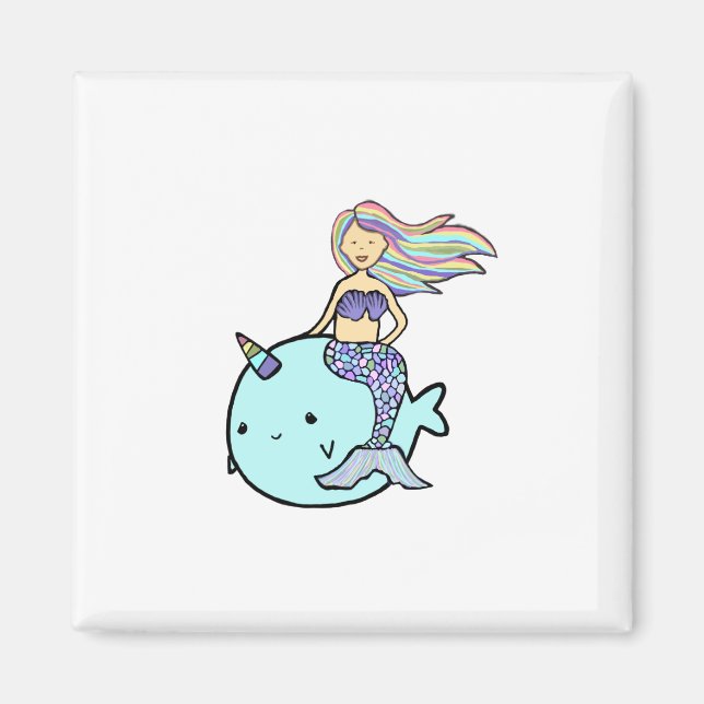 Mermaid with Rainbow Hair Riding Pet Narwal Magnet (Front)