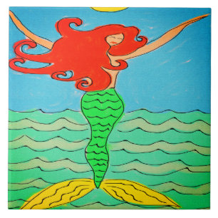 Mermaid with Red Hair Abstract Painting Ceramic Tile